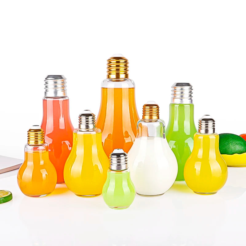 50ml 100ml 500ml 800ml Glass Drink Bottle with Metal Screw Cap and Stopper Light Bulb Design for Milk Juice Tequila with Straw