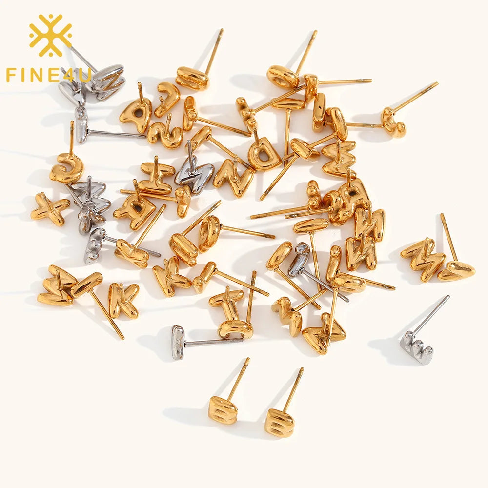 Trendy Minimalist Jewelry 18K Gold Plated Initial 26 Alphabet Balloon Bubble Charm Letter Stud Earrings