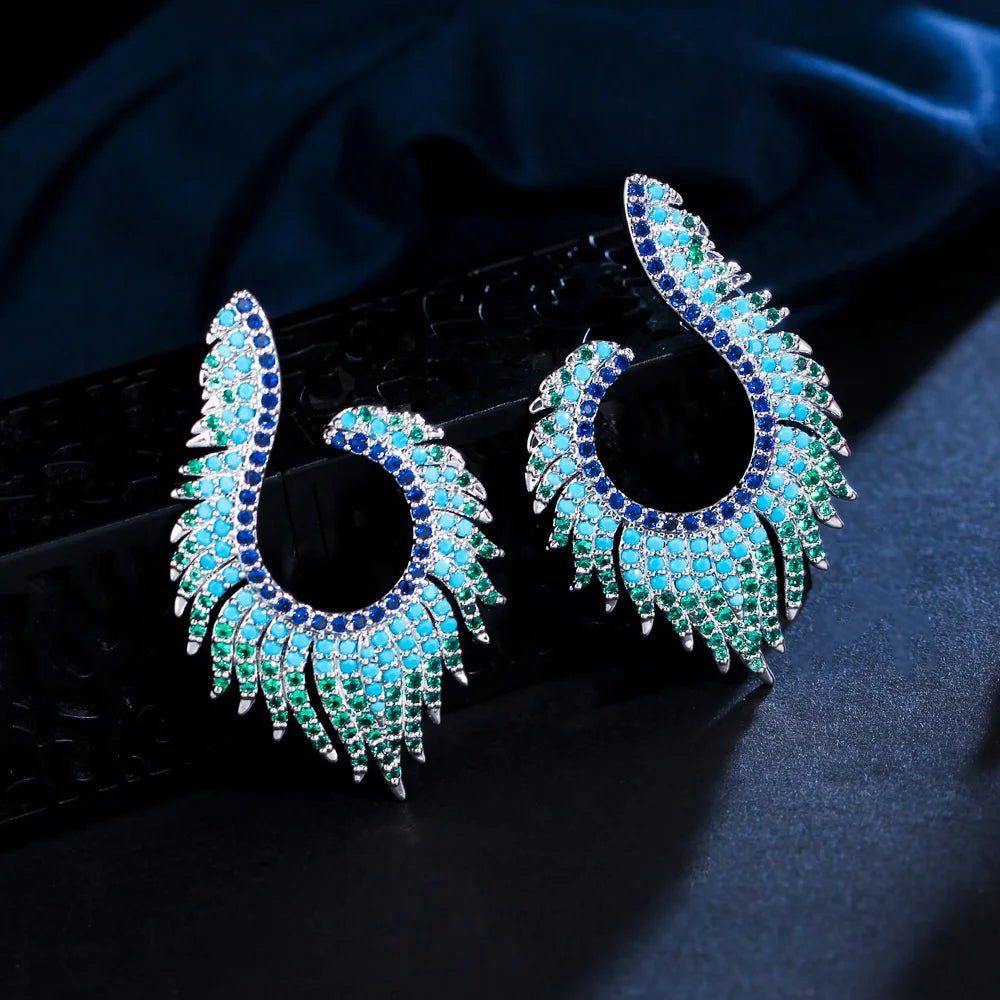 In Style Blue Green Zircon Micro Paved Symmetrical Drop Unique Earrings Stylish Costume Stud Earring Women Jewelry Accessories