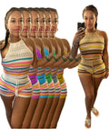 2025 New Women's Summer Street Wear Knitted Outfit Sleeveless Strip Crop Top Knee Shorts Unique Print 2 Piece Set for Autumn