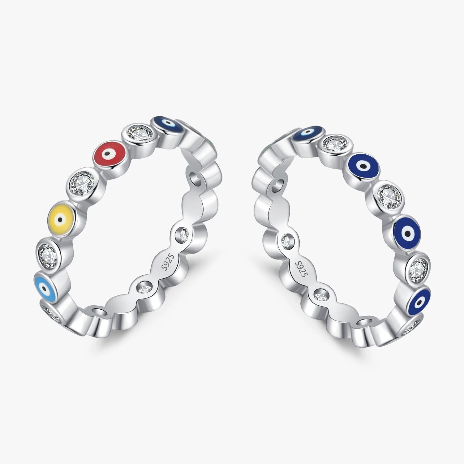 925 Sterling Silver Shining Clear CZ Fashion Jewelry Delicate Rainbow Color Enamel Evil Eyes Stacking Finger Rings for Women