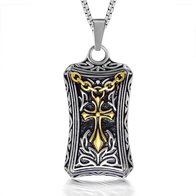 Cross Flower Sword Jewelry Titanium Steel Necklace Mens Statement Cool Pendant for Boyfriend Birthday Gift