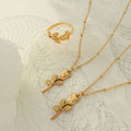 Fashion Design Gold Plating Stainless Steel Rose Flower Charm Pendant Chokers Necklace Ring Set Women