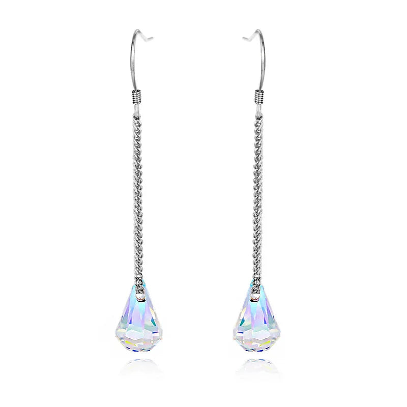 Fine 925 Sterling Silver Women's Fashion Earrings Long Tassel Crystal Drop Shape with Zircon for Wedding Party or Gift
