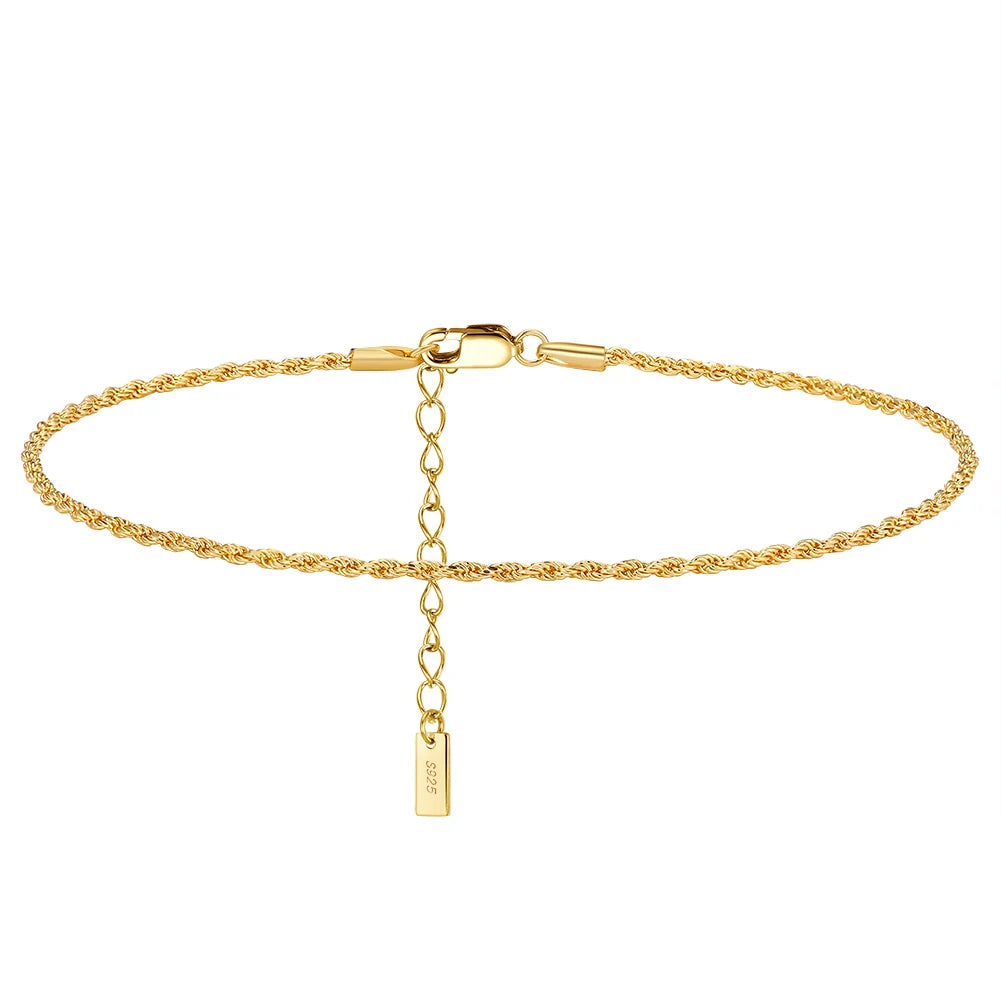 RINNTIN SA34 14K Gold Plated Solid 925 Sterling Silver 1.5mm Diamond-Cut Rope Chain Anklet for Women