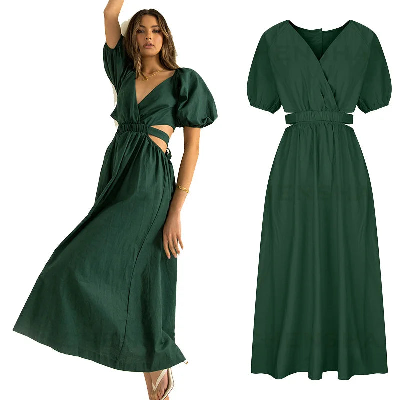 Fashion Custom Lady Breathable Chiffon Ruffle Short Trumpet Sleeve Dress A-Line Pleated Maxi Dress Hollow Waist Dress Summer