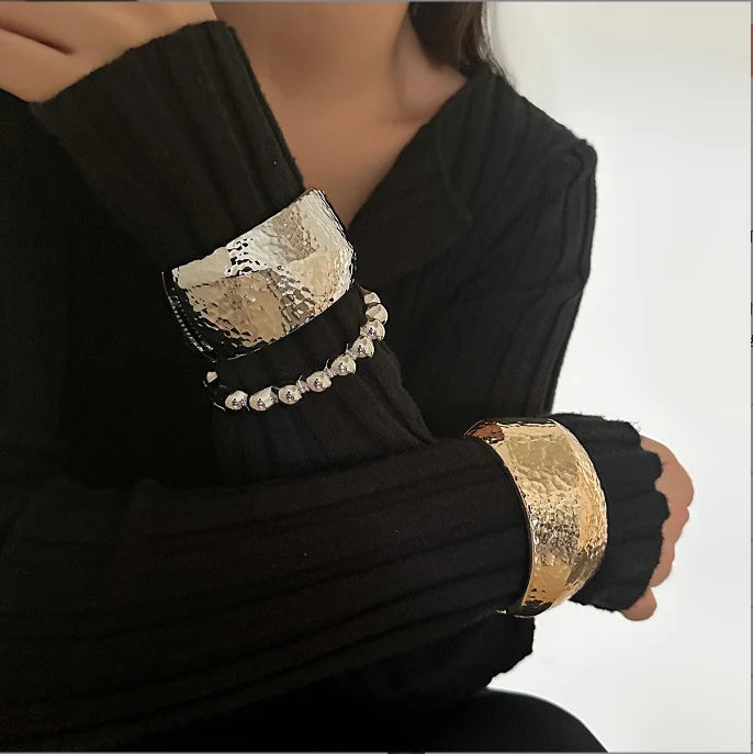 Vintage Punk Geometric Cuff Bead Spring Bangles Men Fashion Exaggerated Gold Silver Color Bracelet Set for Women Gift Jewelry