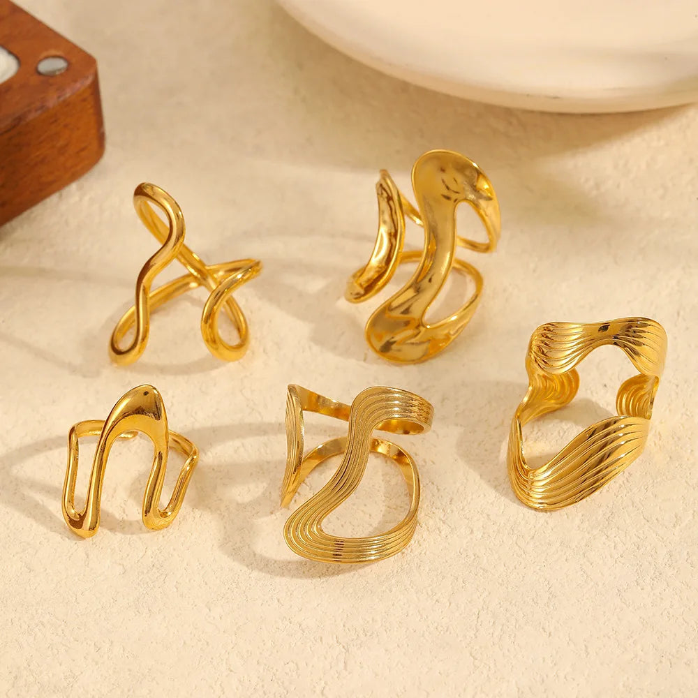 Simple Jewelry 18k Gold Plated Irregular Geometric Ring Stainless Steel Smooth Line Finger Ring for Women