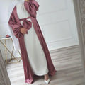 New Arrival Dubai Arabic Muslim Women Puff Sleeve Open Front Abaya Satin Maxi Dress Turkish Islamic Clothing