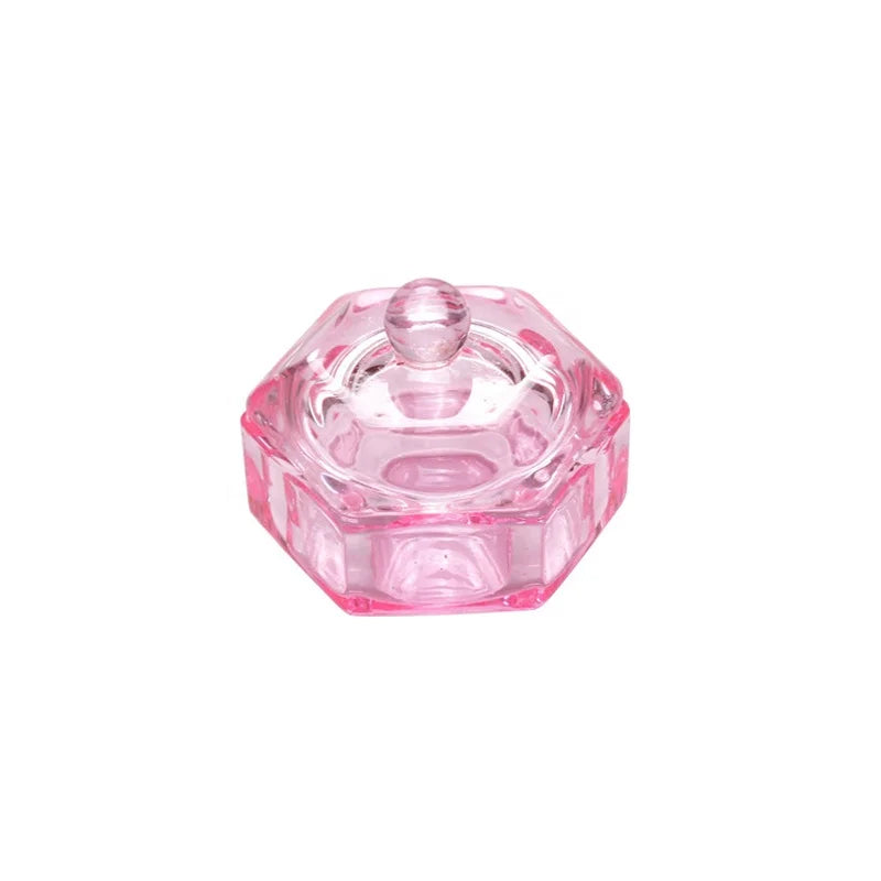 1pcs Hexagonal Crystal Glass Liquid Power Nail Cup Dappen Dish Clear Pink Lid Bowl Cup Container Holder Nail Art Tools Equipment