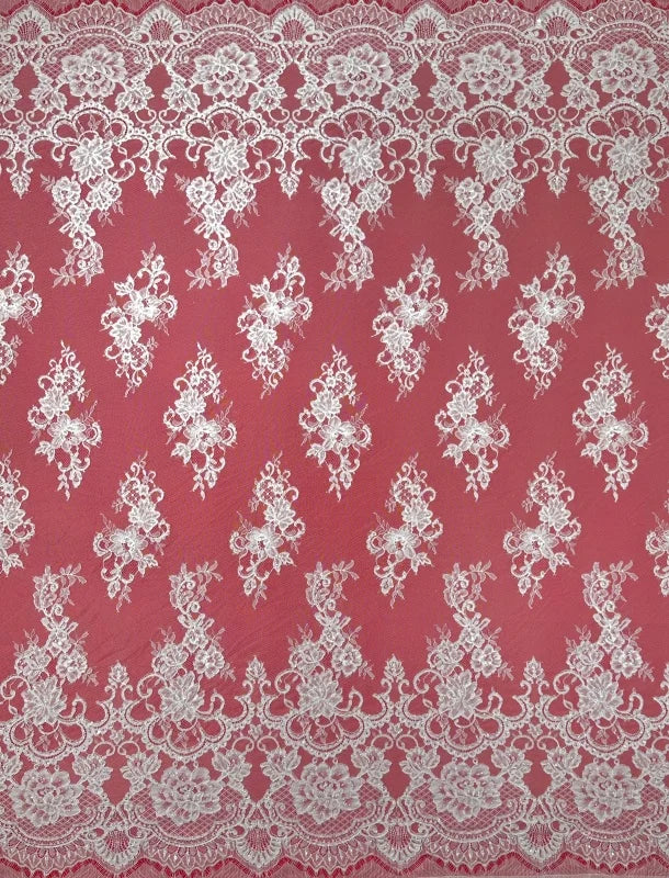 White Chantilly Lace Fabric with Cord and Beads