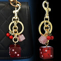 Glitter Rhinestone Bling Crystal Dice Bag Charm Keychain Cute Cherry Fruit Purses Backpack Pendant Keyring Jewelry Accessories