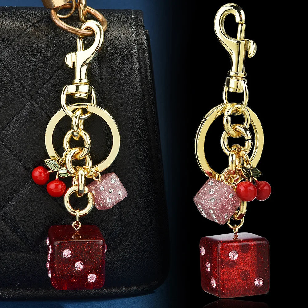 Glitter Rhinestone Bling Crystal Dice Bag Charm Keychain Cute Cherry Fruit Purses Backpack Pendant Keyring Jewelry Accessories