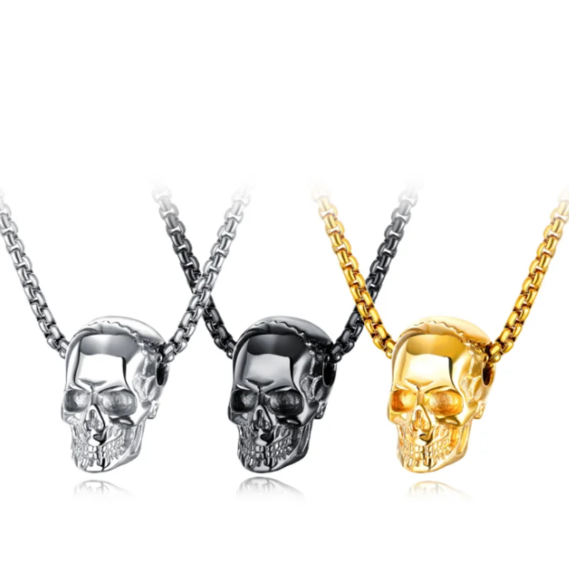 Gold Stainless Steel Skull Pendant Necklace for Men Punk Rock Biker Jewelry with Bold Gothic Design