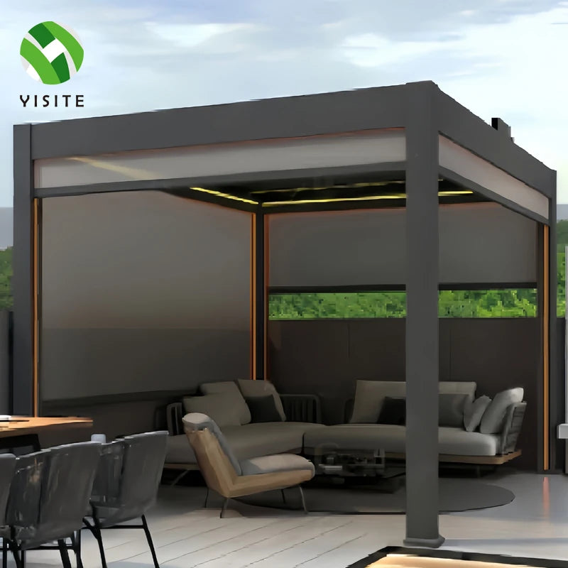 YISITE Electric Sun Pattern Roller Blinds Wholesale Windproof Outdoor Shades Shutters Blackout Features Built-In Gazebo