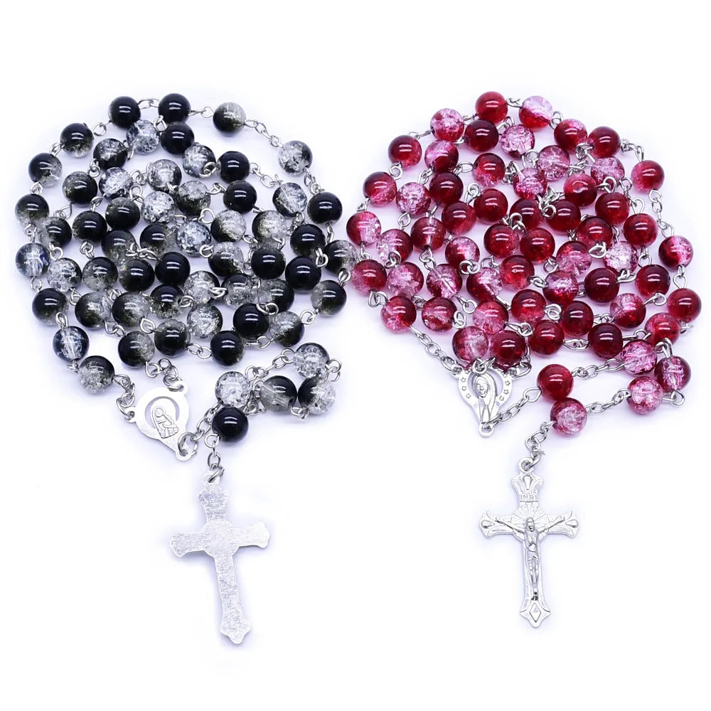 Marble 8mm Multi Color Glass Beads Rosary Necklace Miraculous Catholic Medal Cross Cruxifix Charm Religious Jewelry