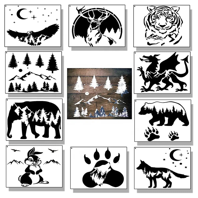 11 Pcs Forest Mountain Tree Deer Head Stencils Animal Stencil for Painting on Wood Crafts Home Decors