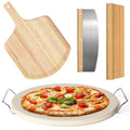 Bamboo Round Pizza Stone Set Eco-Friendly Durable Food Grade Wood Handle Serving Rack with Pizza Cutter