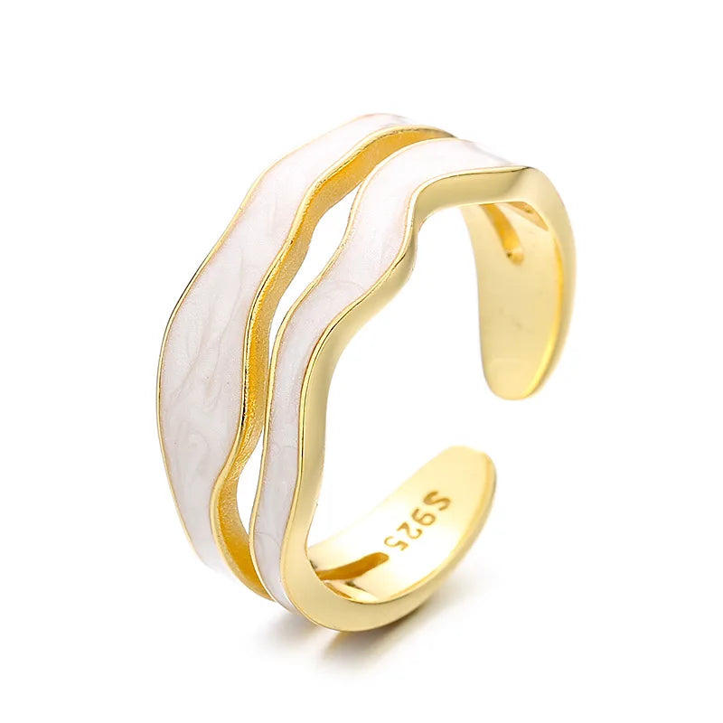New Trendy 18K Gold Plated Hollowed Geometric S925 Sterling Silver Hollow Double Layer Enamel Ring