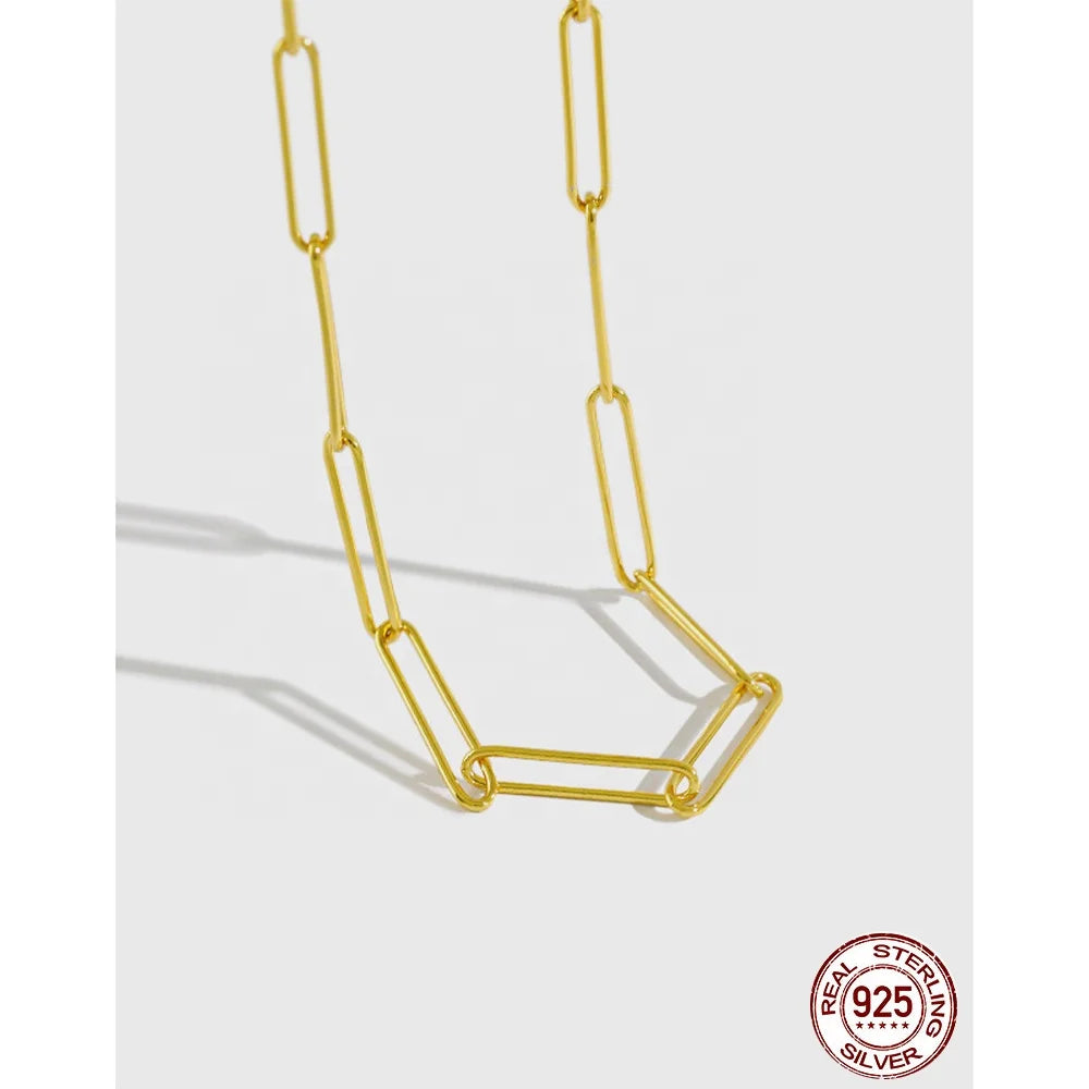 Dreamshow Summer Jewelry Luxury S925 Sterling Silver Paper Clip Chain Necklace 18K Gold Plated Chain Necklace Women