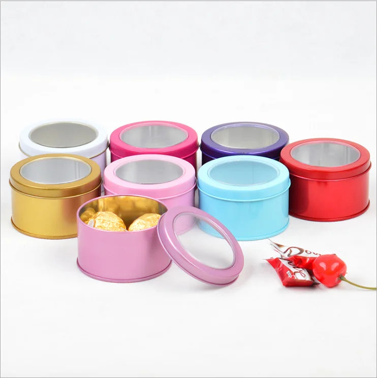 Stock Round Metal Cake Tin Gold Clear Window Top for Christmas Decorations Food Storage-Use for Candies Chocolate Sugar Snacks