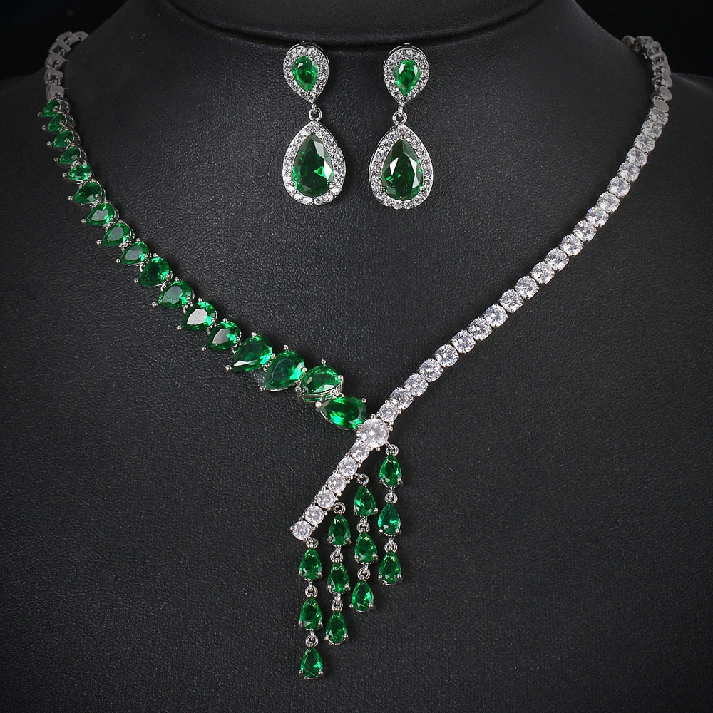 2022 New Arrival Wedding Accessories Jewelry Bridal Jewelry Set Tassel Emerald Zircon Necklace Earrings Set for Women
