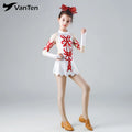 Figure Skating Dress Long Sleeves Nude Mesh Tutu Skirt Children Performance Wear Dress Skating Dress