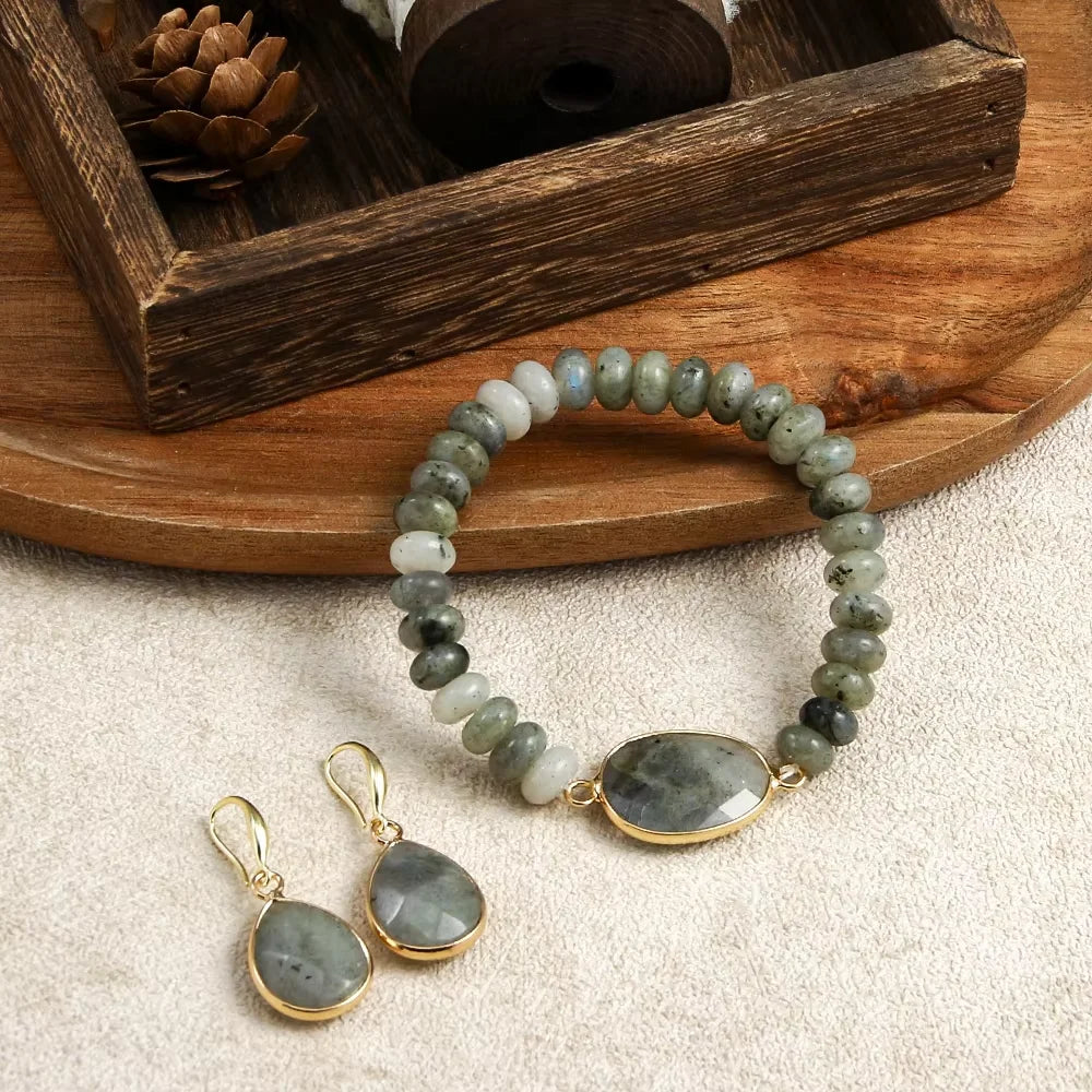 New Bohemian Style Simple Unisex Jewelry Multi-colored Natural Flat Stone  Beads Elastic Bracelet Natural Stone Drop Earrings