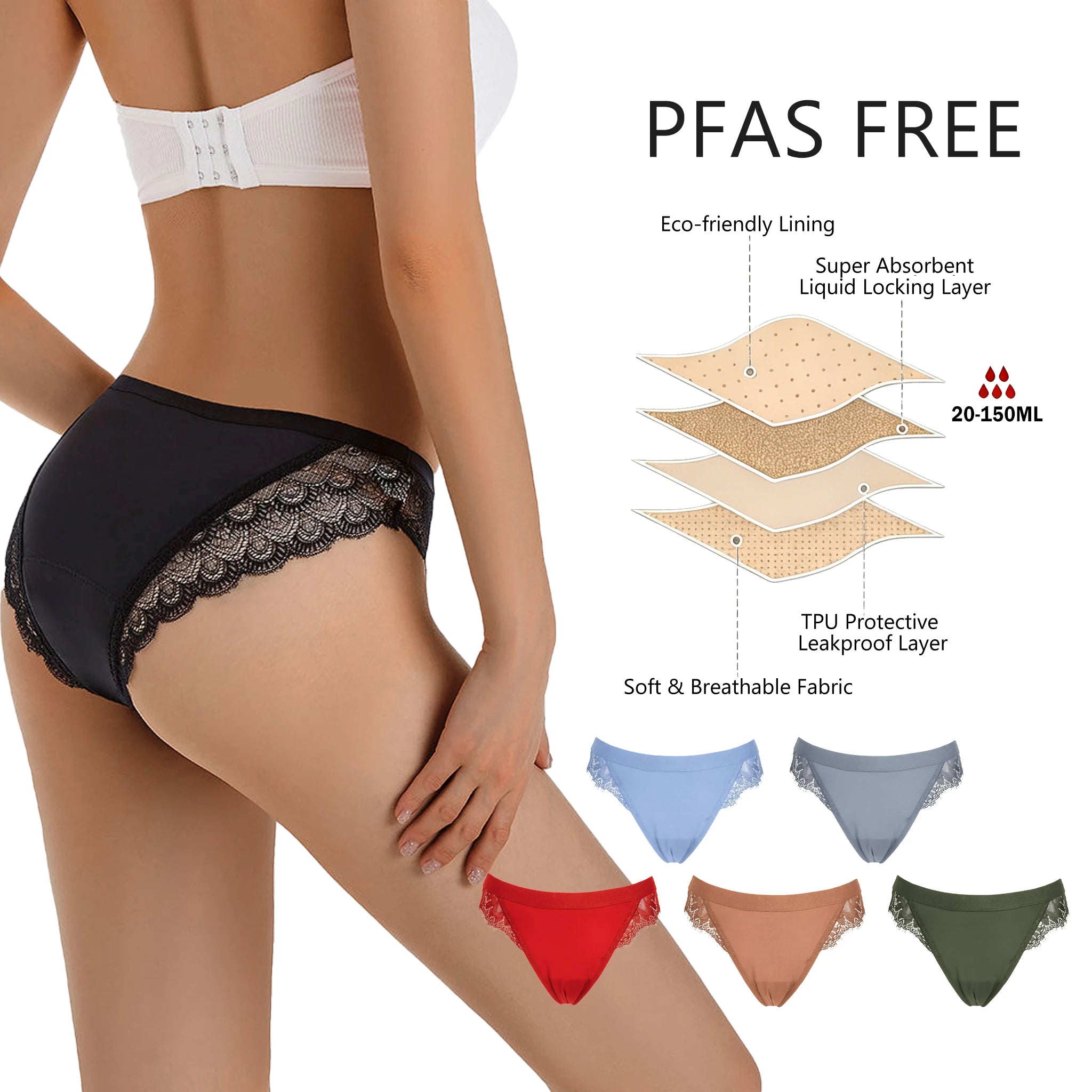 Shanhao Low Waist Bikini Leakproof Underwear Organic Cotton Lace Side Menstrual Panties Culottes Menstruelles