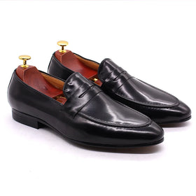 Classic Slip-on Men's Business Formal Wedding Shoes Genuine Leather Pointed Toe Flat Penny Loafers