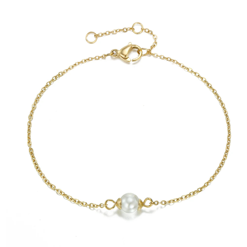EManco New Accessories 5MM Simple Elegant Pearl Bracelet 316L Stainless Steel Gold Plated Bracelet for Women Wholesale
