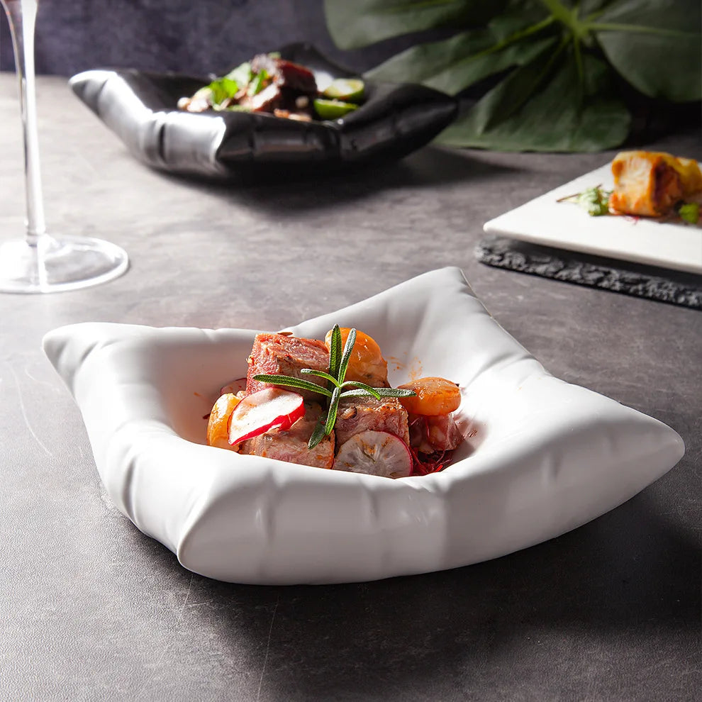 Custom LOGO INS Creative High-end Hotel square Plate Ceramic Cold Plate Artistic Tableware White 8 Inch Pillow Plates