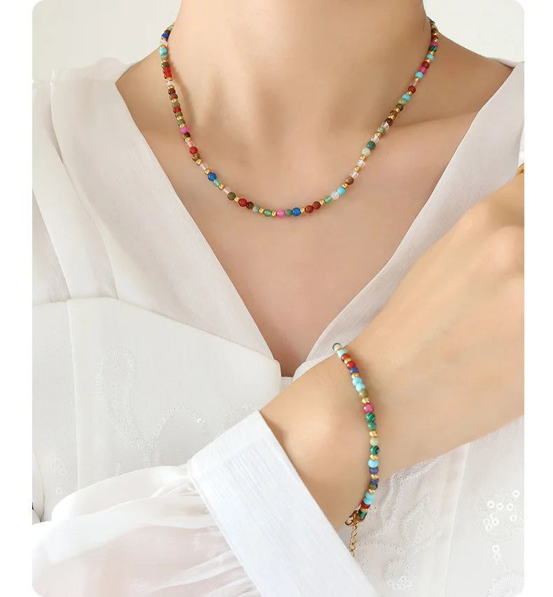 Bohoo Simple Summer Beach Stainless Steel 18k Gold Beads Jewelry Colorful Glass Beach Bracelets and Necklaces for Women