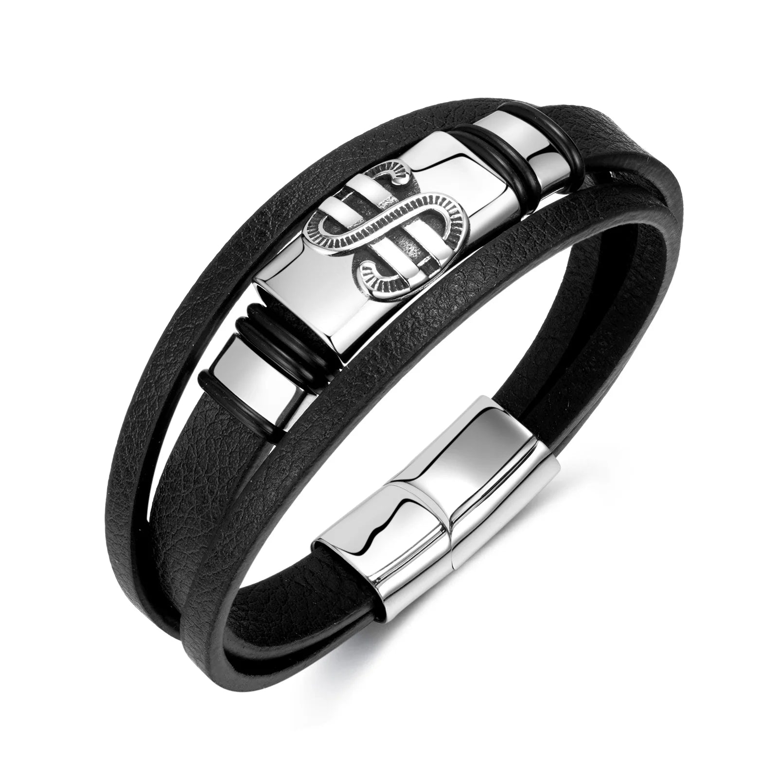High Quality Personalized Mens Braided Stainless Steel Magnetic Clasp PU Genuine Leather Bangle Charms for Men Bracelets
