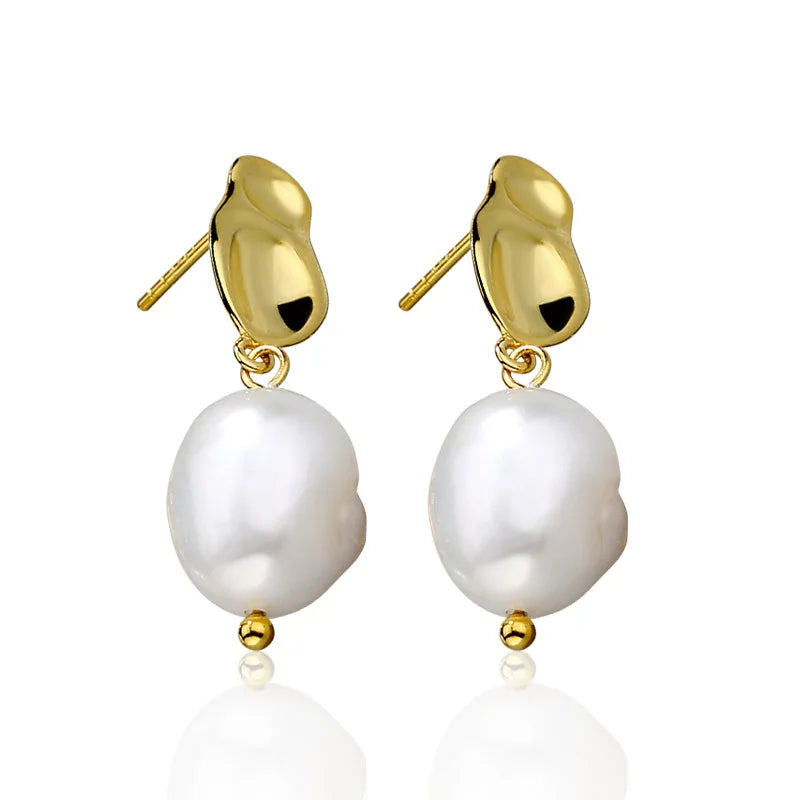 925 Sterling Silver Gold Earring Studs Drop Dangle  Earrings  Irregular Baroque Freshwater Pearl Hanging Earrings for Women