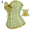 Front 6 Bucks Closure 12 Glue Boned Vintage Gothic Corselet Green Womens Overbust Corset with G String Plus Size
