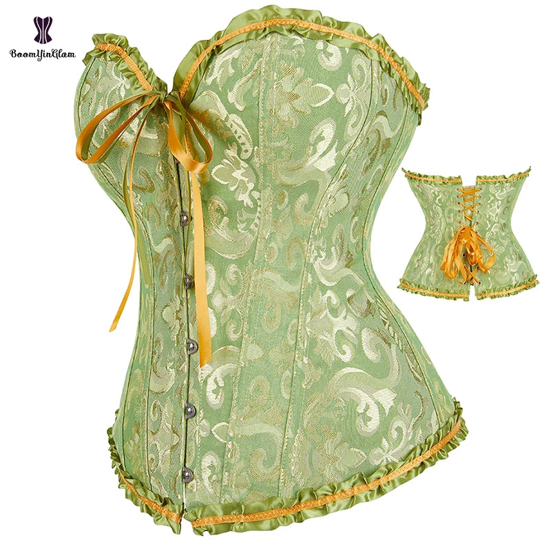 Front 6 Bucks Closure 12 Glue Boned Vintage Gothic Corselet Green Womens Overbust Corset with G String Plus Size