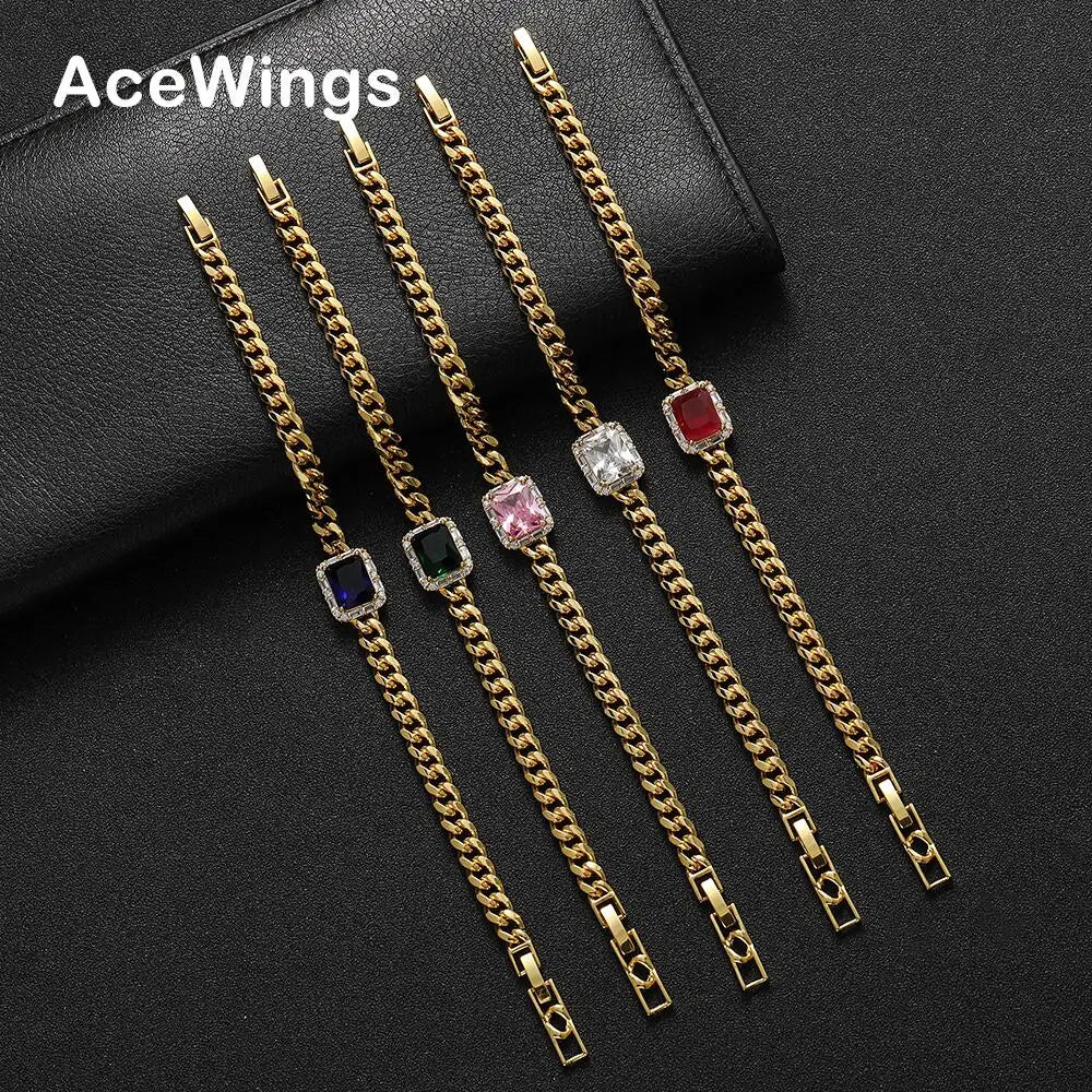 BB137 5 Colors Stone Stainless Steel Link Chain Bracelet Hip Hop for Men and Women