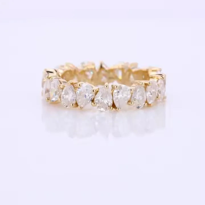 Custom Classic Moissanite Wedding 3g 14k Yellow Gold 3 Prong Full Setting D VVS Pear Cut 3*4mm Eternity Ring