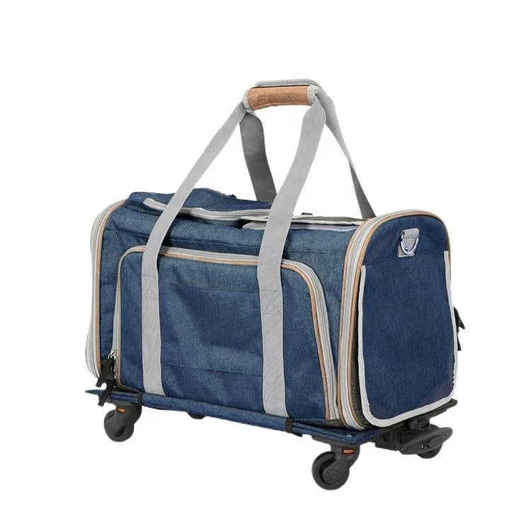 Pet Smart Cart Rolling Carrier Wheels Soft Sided Collapsible Folding Travel Bag Zipper Polyester Dog Cat Airline Approved Tote
