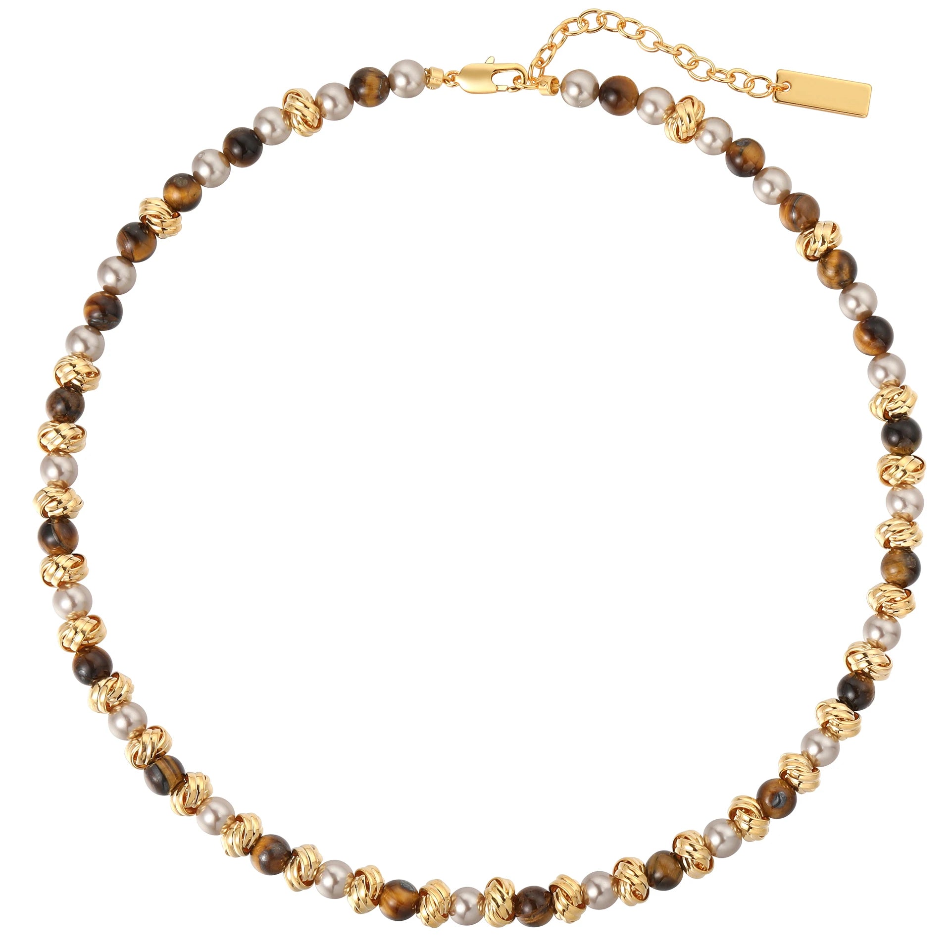 Fashion Brass Electroplated 18k Gold Tiger Eye Stone Pearl Beaded Necklace for Women Jewelry Factory Wholesale