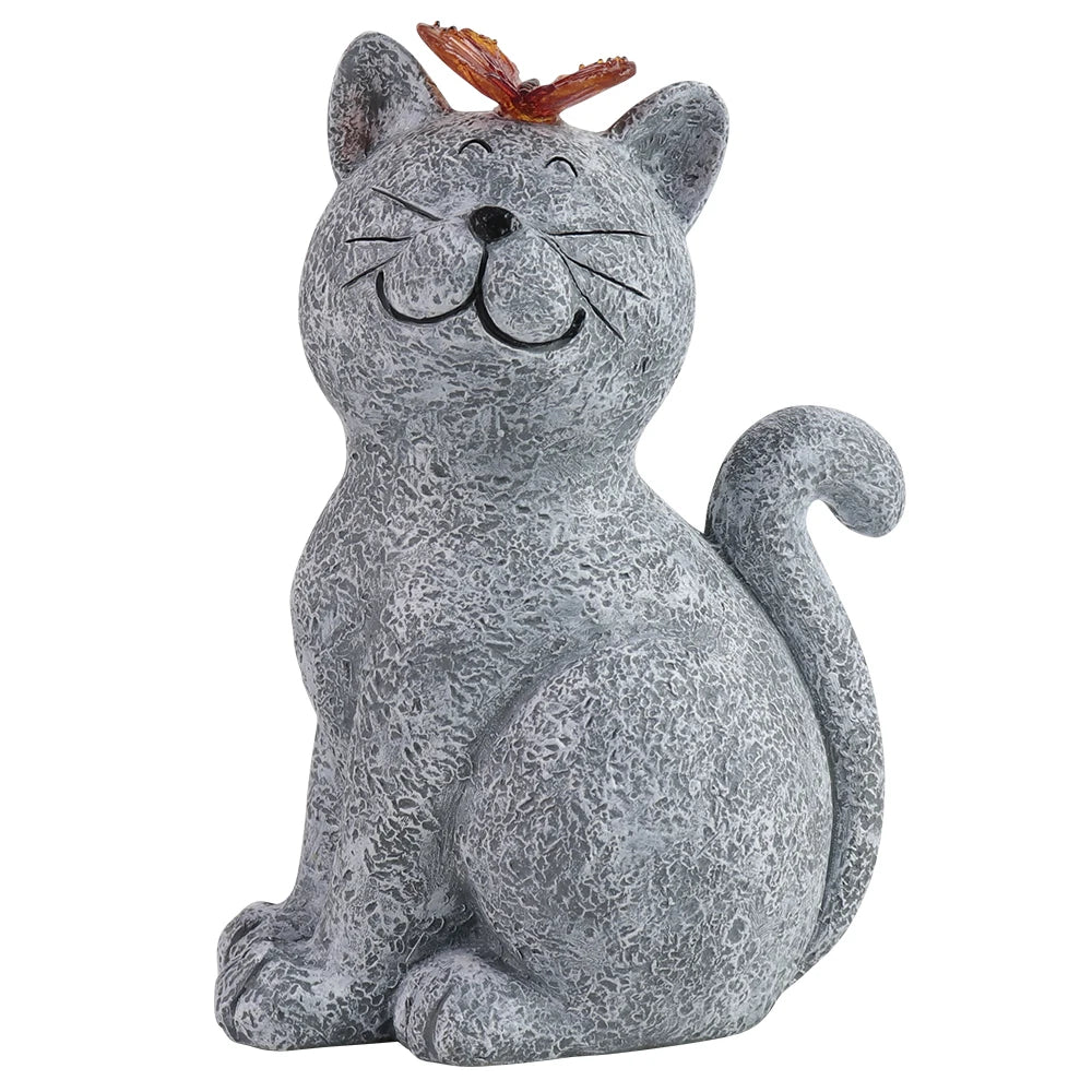 Solar Gray Cat Resin Sculpture with Glowing Flower Crown Cute Smiling Kitten Statue for Home Desk Decor Warm Light Night Lamp