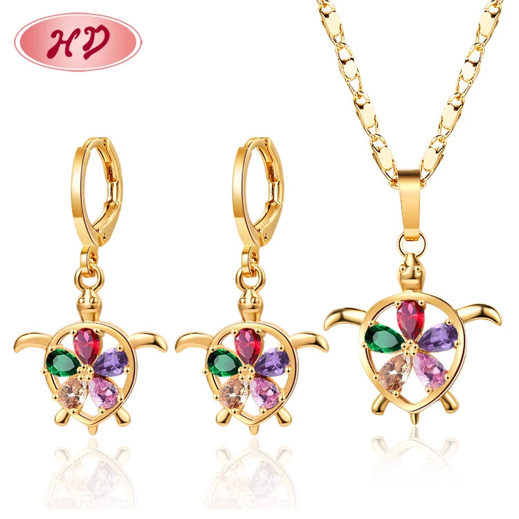 Most Purchase 18k Gold Plated Brass Jewelry Sparkling Cubic Zirconia Turtle Women Earring and Necklace Jewelry Sets