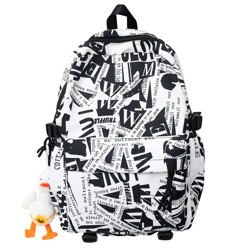 Graffiti Pattern Waterproof Wear-Resistant Fashion Backpack for Male Female Students Zipper Polyester for School Campus Use
