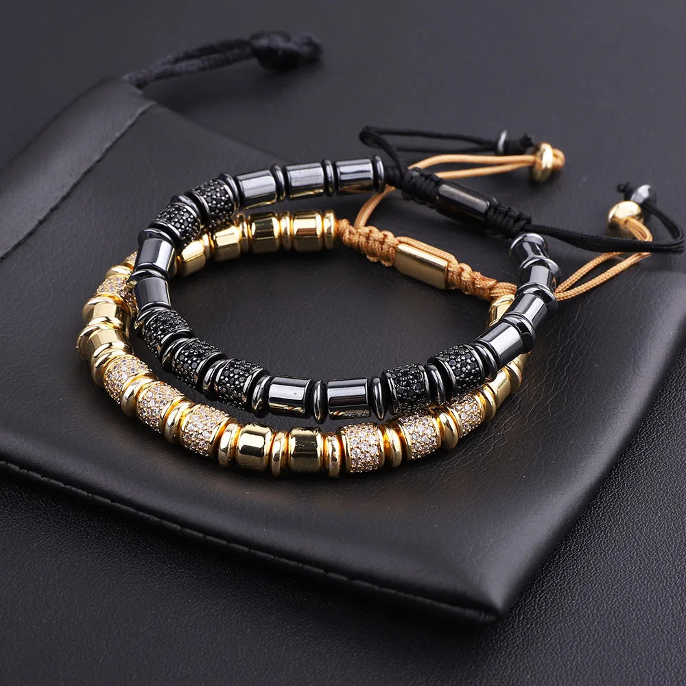 New Design Luxury CZ Diamond Charm Hematite Beads Custom Logo Hip Hop Macrame Bracelet Men JBS11646