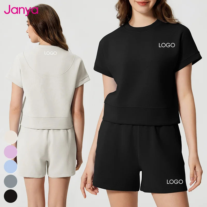 Janya 2025 Custom Logo Women's Activewear Solid Drawstring Pocket Sports Shorts 2 Piece Set Gym Fitness Yoga Tops Sets Wholesale