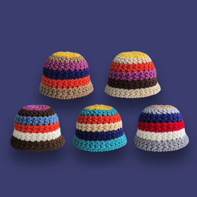 Outdoor Fashion Rainbow Striped Bucket Pot Hat Women Beach Crochet Knit Foldable Fisherman Beanie Cap