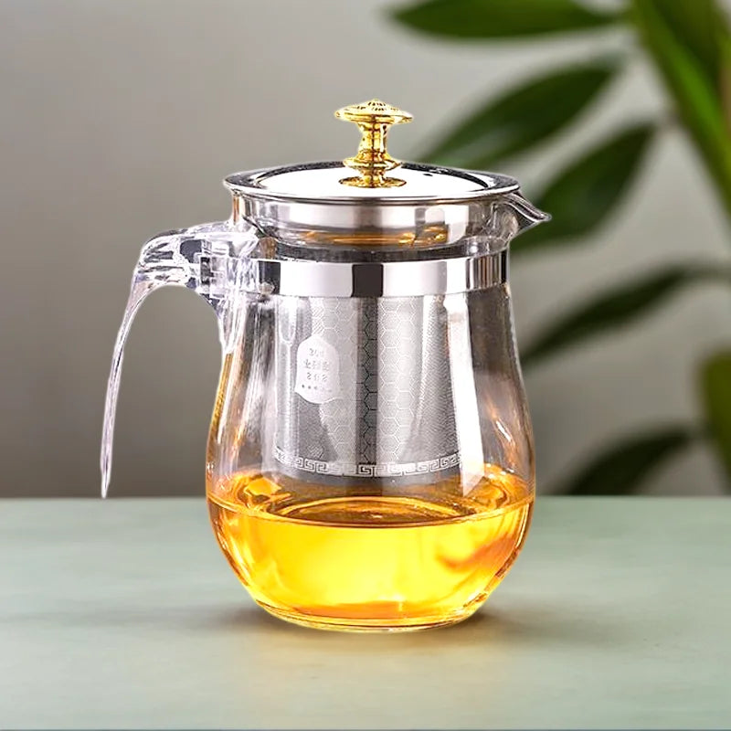 Elegant Classic Stainless Steel Borosilicate Glass 500ml Hand Blown Drift Cup Tea Making Pot Heat-resistant Filter Flower Design