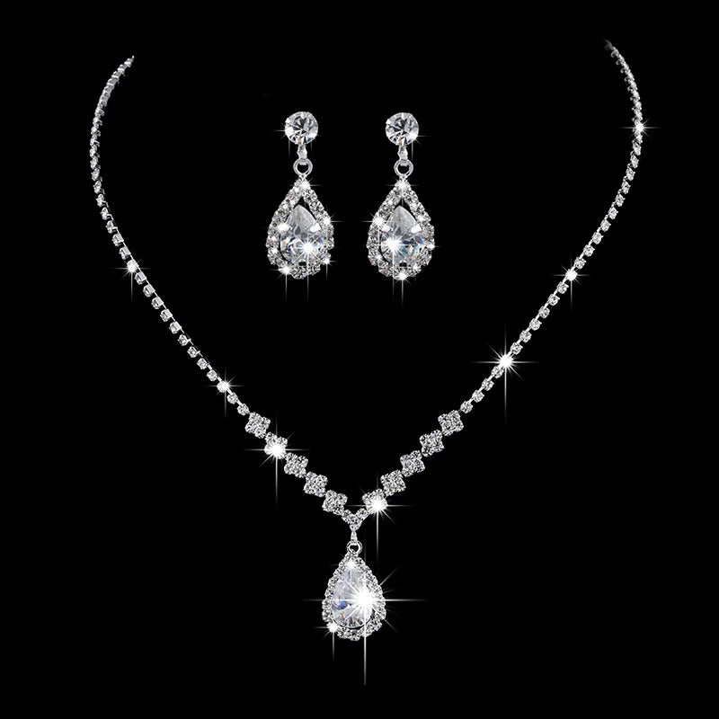 MOQ 1 PC Shiny Silver Crystal Necklace Earrings Set Fashion Water Drop Pendant Wedding Bridal Jewelry Sets for Women MegaBDM