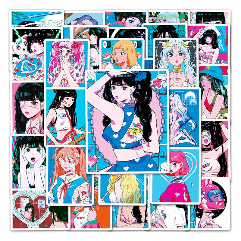 50Pcs Illustration Sweet Girl Personality Graffiti Stickers for Bottle Laptop Waterproof Cartoon Girl Sticker
